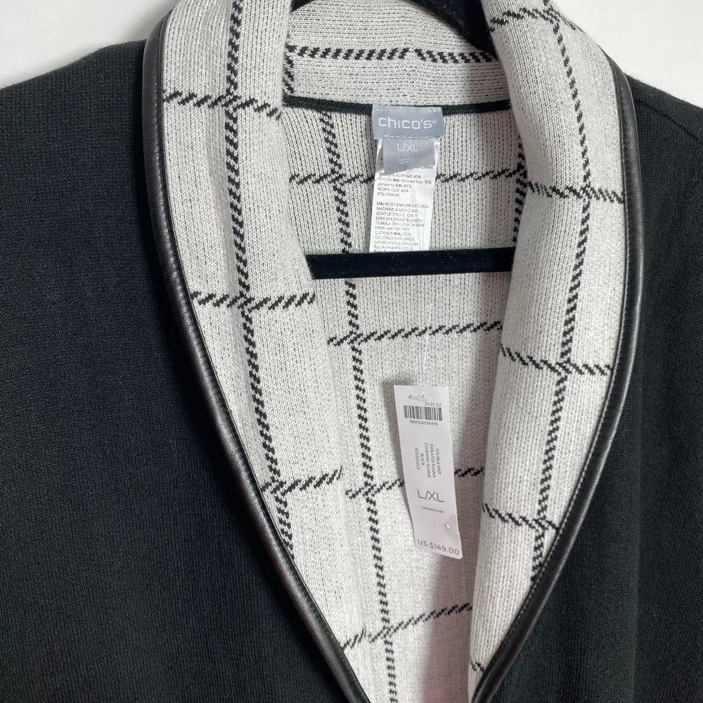 NWT CHICO'S BLACK WHITE DOUBLE KNIT SWEATER RUANA WRAP JACKET S/M L/XL - Picture 4 of 5